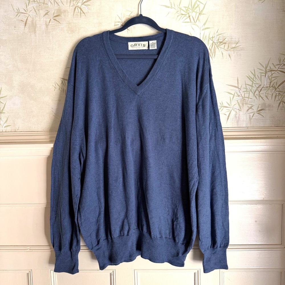 Orvis V-Neck Cotton Cashmere Sweater Blue XL Long Sleeve Knit Classic Academia